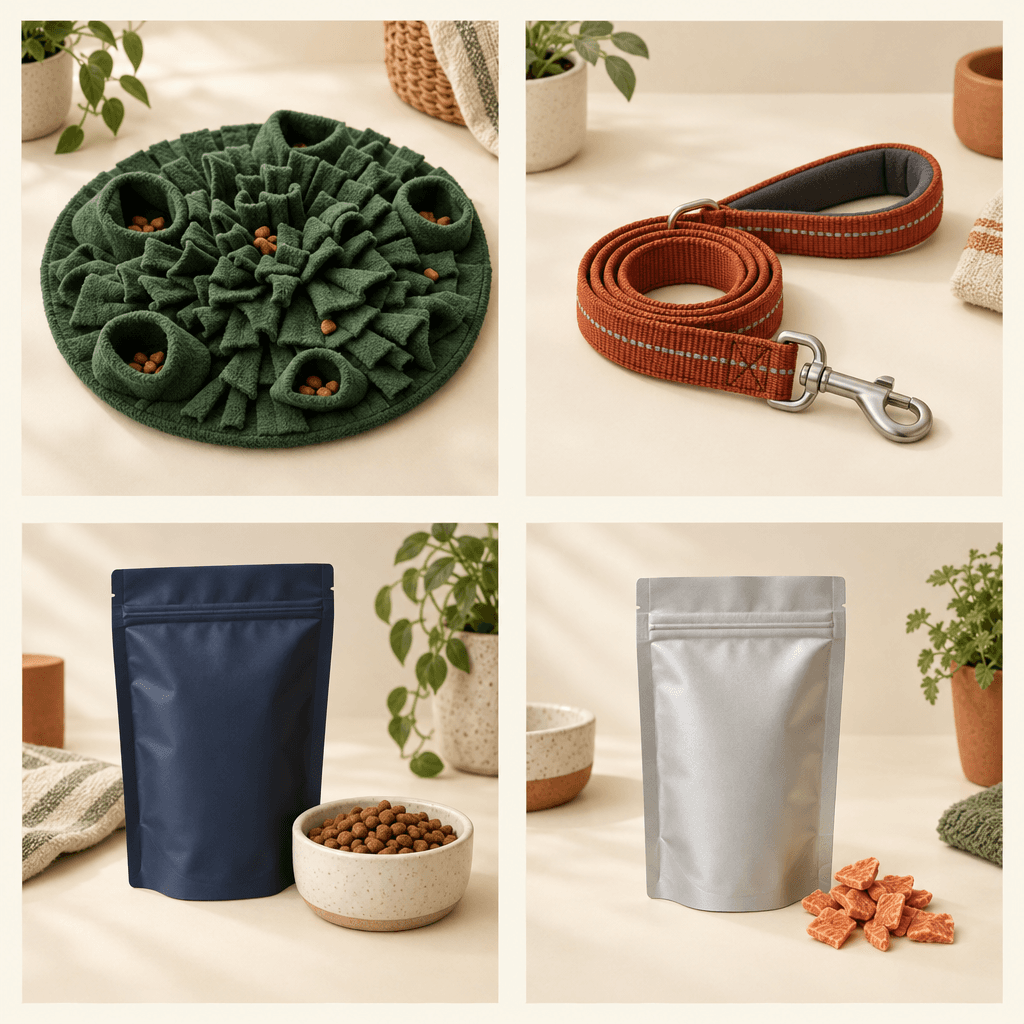 A dark navy cat-food pouch beside a small bowl of kibble
